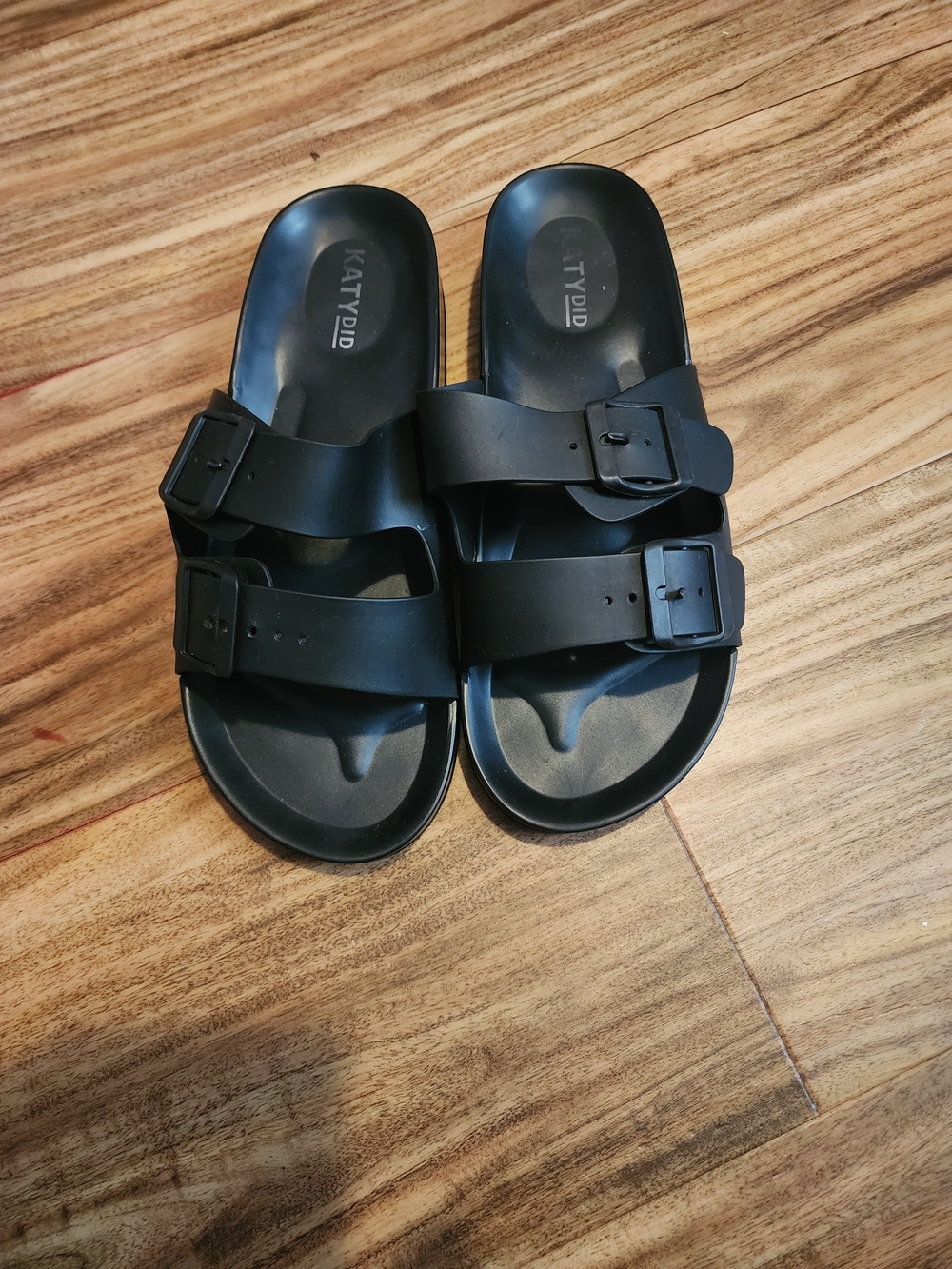 Katydid Black Double-Buckle Slide Sandals